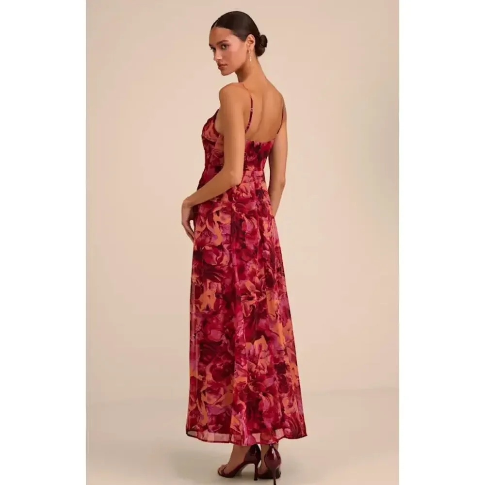 Lulus Beautiful Soul Burgundy Floral Print Twist-Front Maxi Dress S - Picture 3 of 10